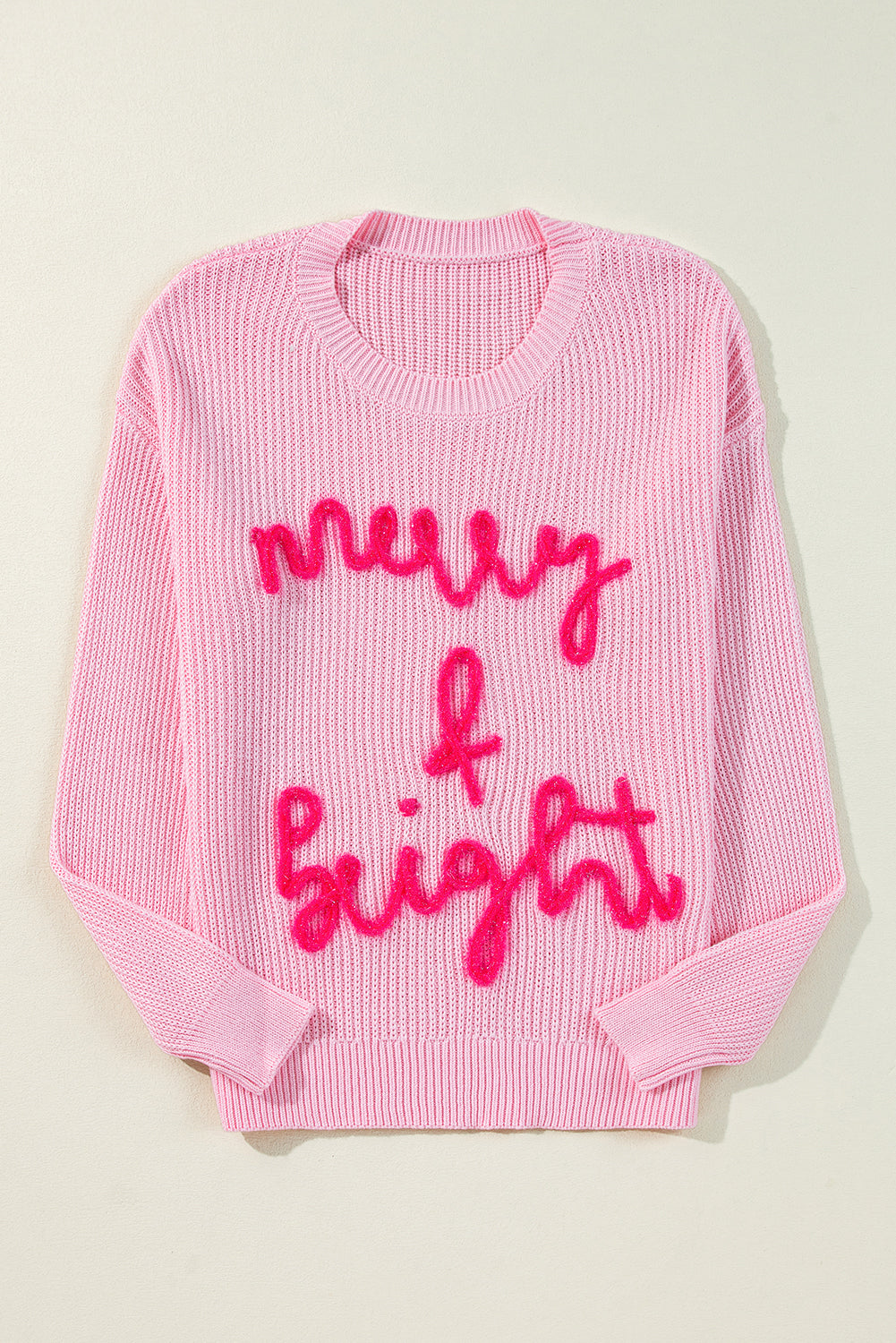 Festive Pink Merry & Bright Waffle Knit Pullover - ALOE WINGS STORE