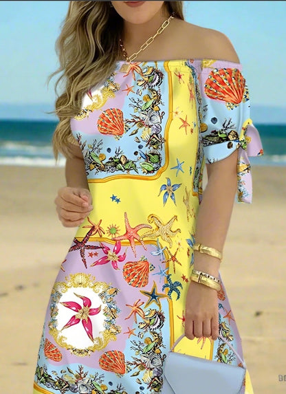 Women's Off-Shoulder Mini Dress – Casual Summer Short Sleeve Dress with Bow Detail | Elegant Relaxed Fit Party Outfit (Sizes up to 3XL)
