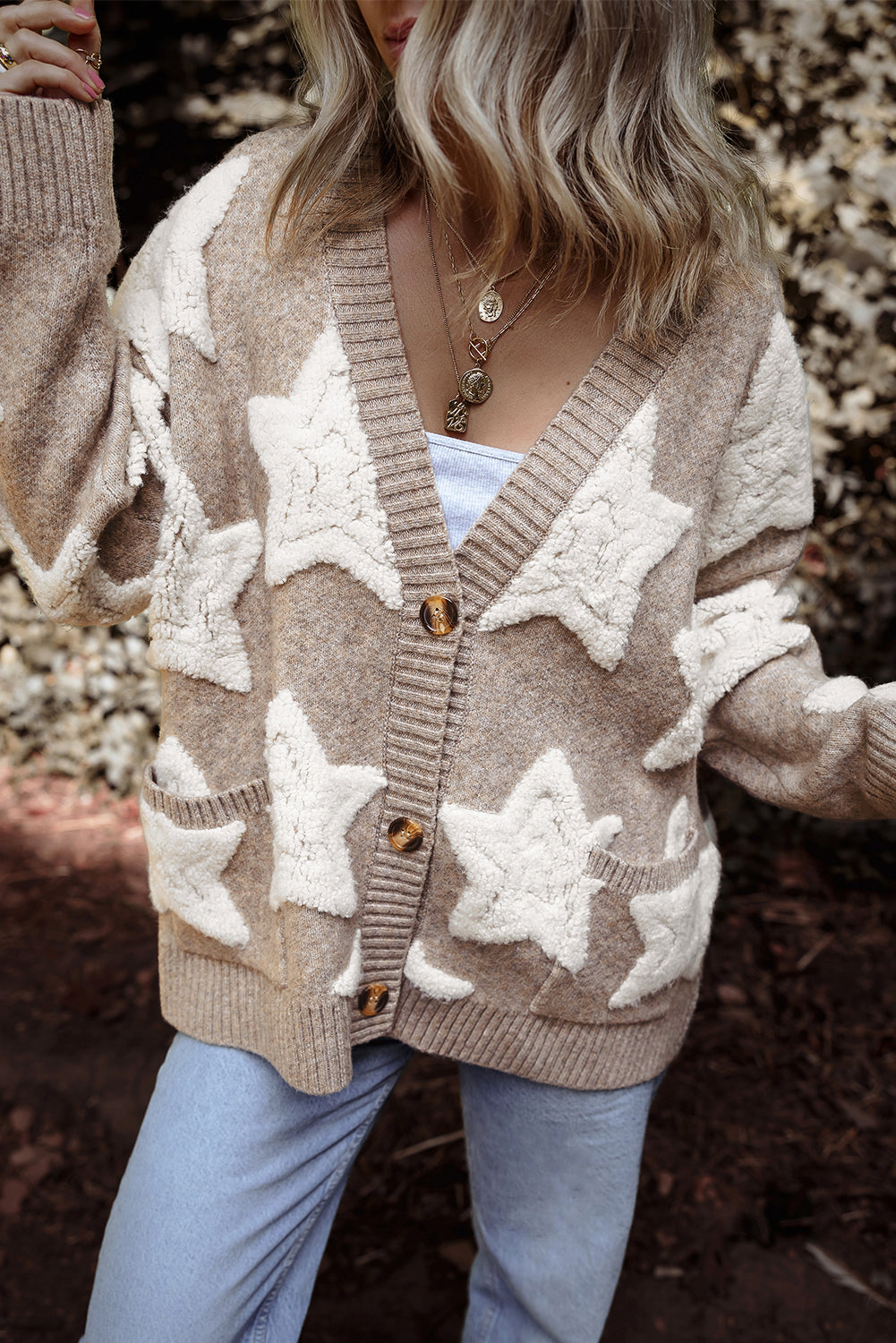 Khaki Sherpa Textured Cardigan with Star Pattern and Pockets - ALOE WINGS STORE