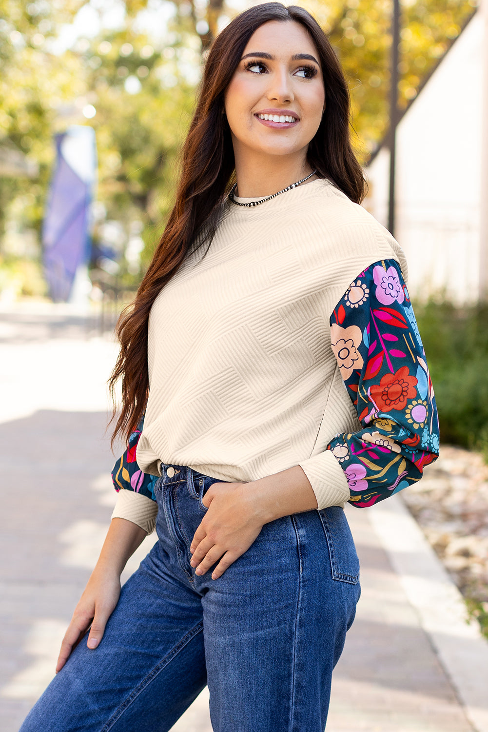 White Textured Knit Top with Contrast Floral Drop Shoulder Sleeves - ALOE WINGS STORE