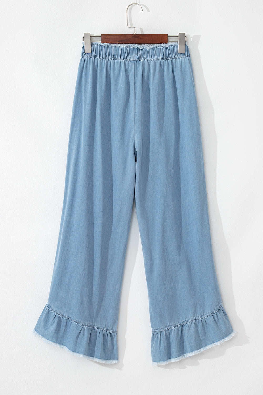 Ruffled Raw Hem Wide Leg Jeans in Myosotis Light Wash - ALOE WINGS STORE