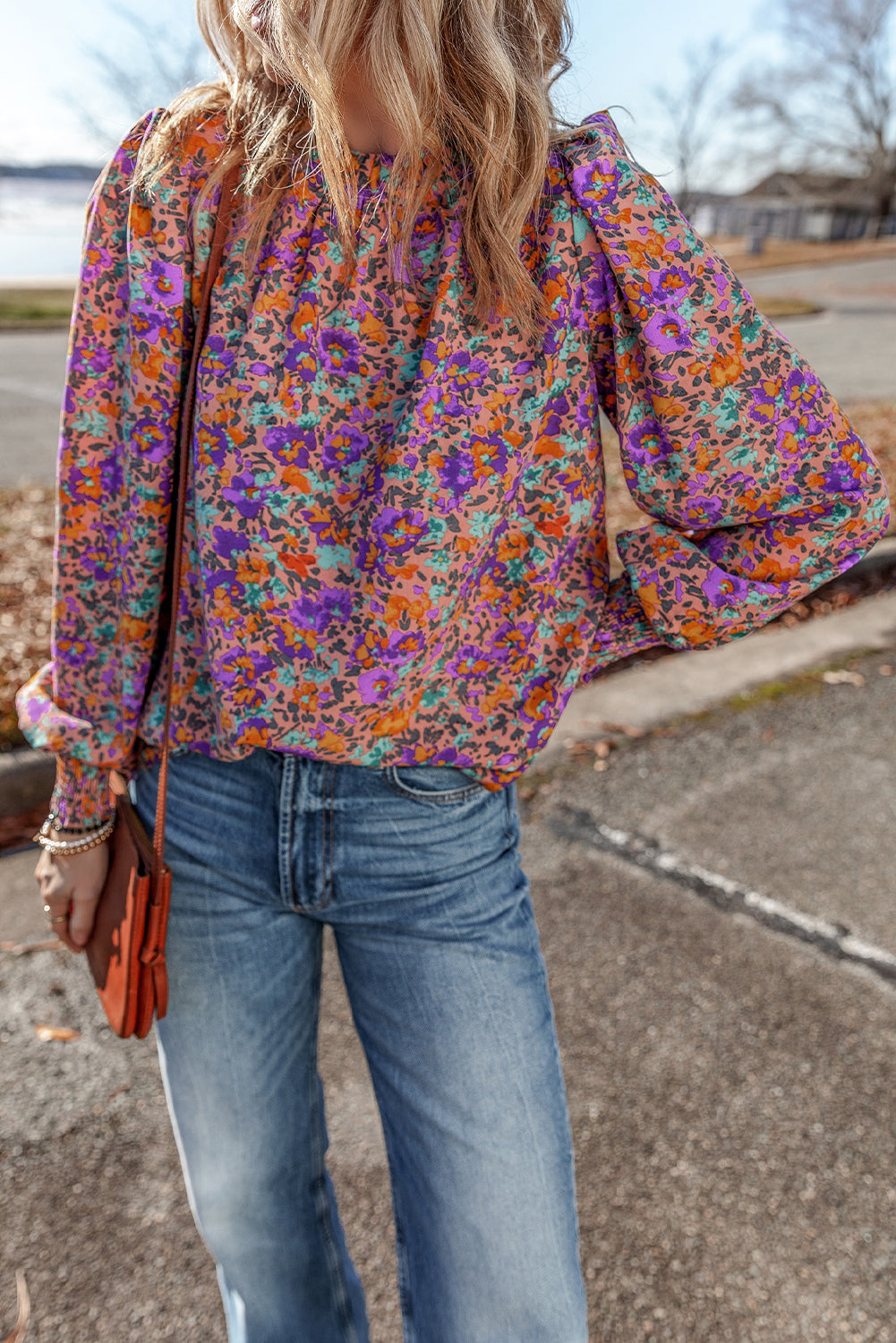 Purple Floral Print Frilled O-Neck Blouse with Shirred Cuffs - ALOE WINGS STORE