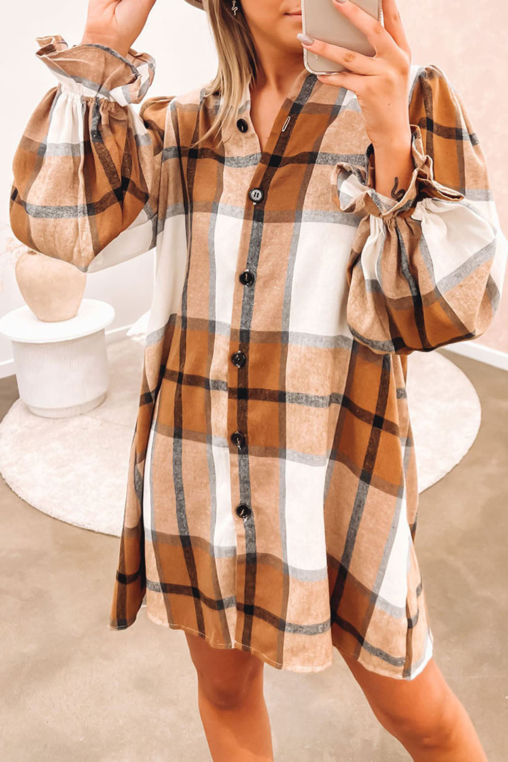 Khaki Plaid Collared Shirt Dress with Ruffled Sleeves - ALOE WINGS STORE