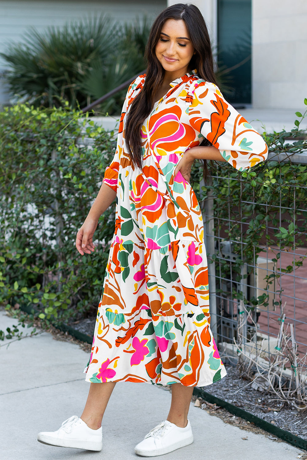 Orange Floral Split V-Neck Tiered Maxi Dress - ALOE WINGS STORE