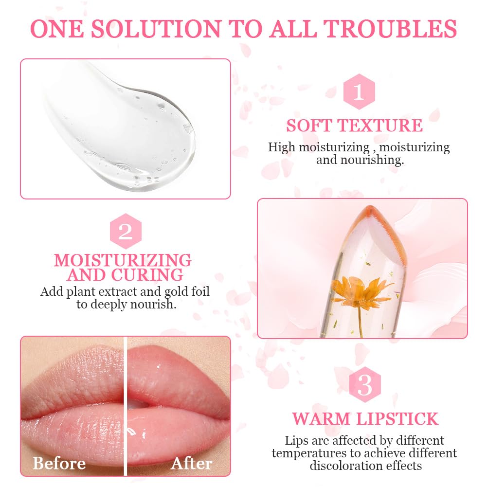 6Pcs/Box Crystal Clear Flower Jelly Lip Balm Lipstick Kits Temperature Colour Changing Lip Gloss Moisturizer Nourishing Lipstick-ALOE WINGS STORE