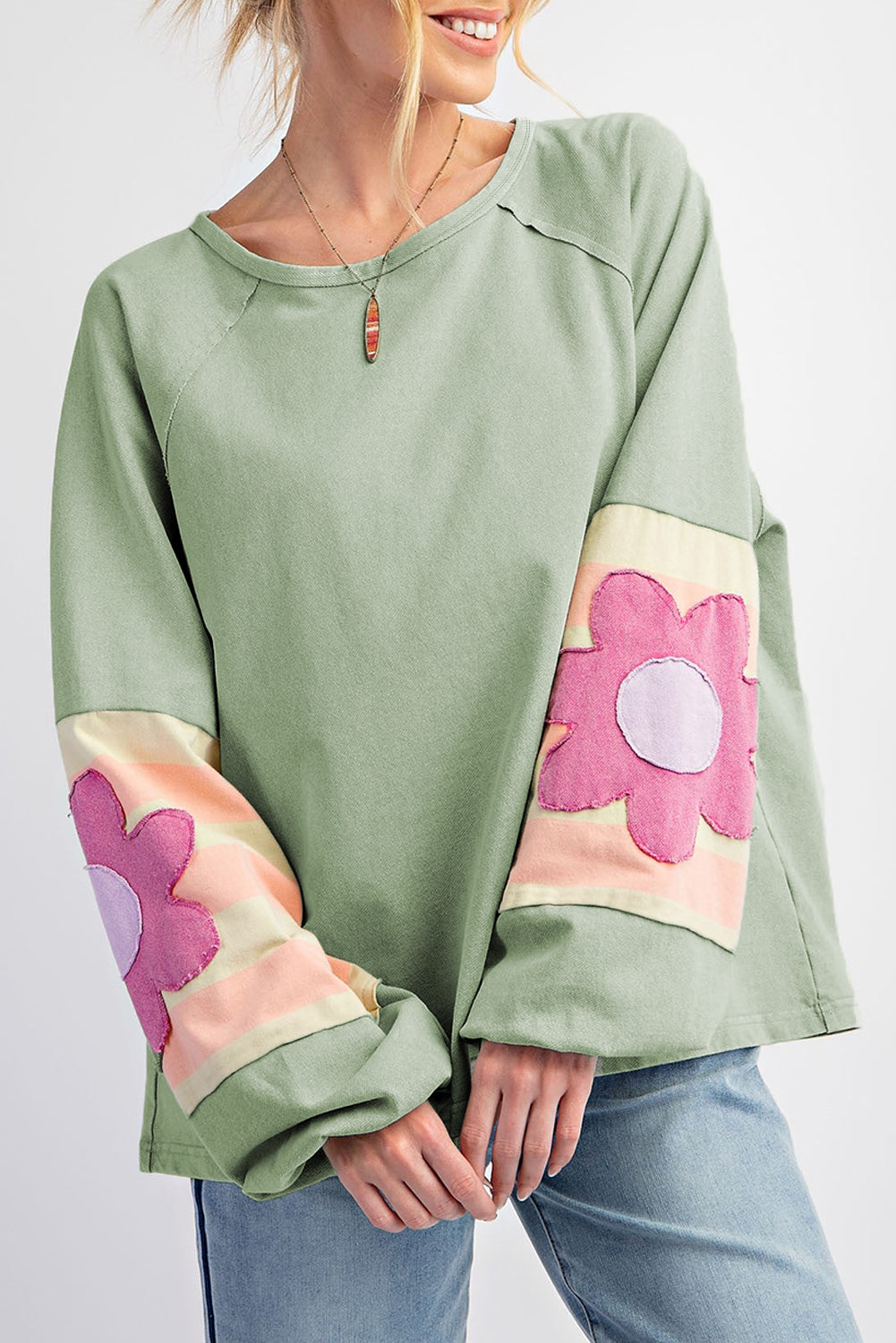 Smoke Green Floral Patchwork Raglan Sleeve Oversized Top with Exposed Seams - ALOE WINGS STORE