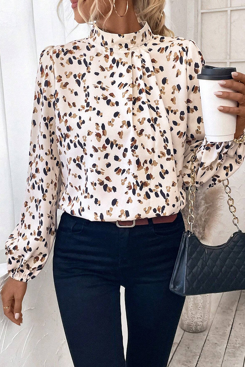 White Leopard Print Pleated Blouse with Lantern Sleeves and Mock Neck - ALOE WINGS STORE