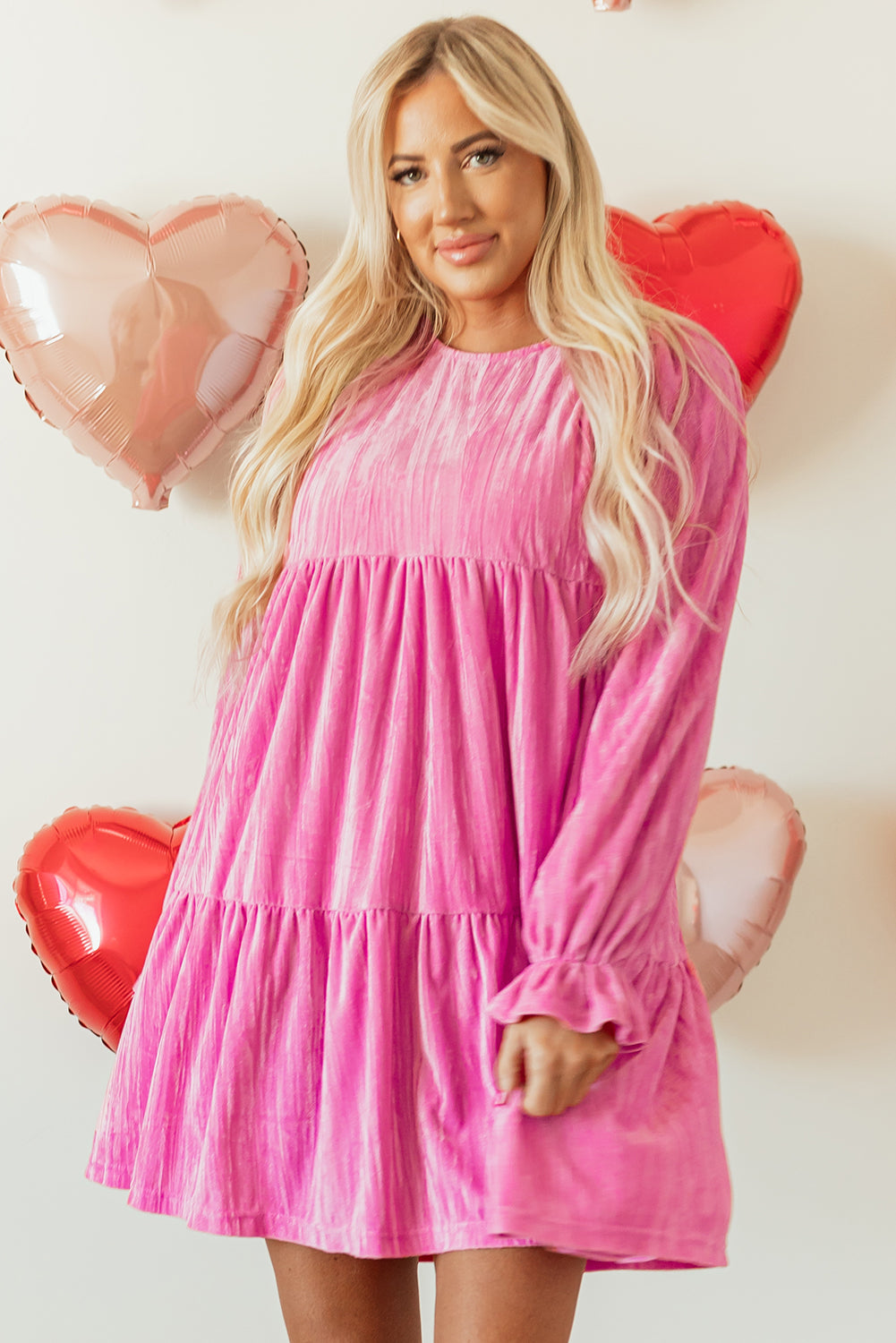 Strawberry Pink Tiered Ruffled Velvet Mini Dress with Flounce Sleeves - ALOE WINGS STORE