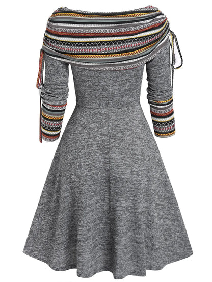 Women's Fall Winter Off-Shoulder A-Line Dress – Convertible Neck, Long Sleeve, Colour block Midi with Button Detail