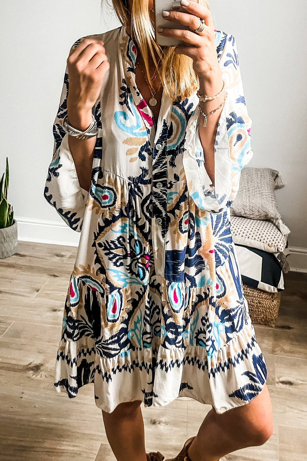 White Tribal Print Mini Dress with Buttoned Bracelet Sleeves - ALOE WINGS STORE