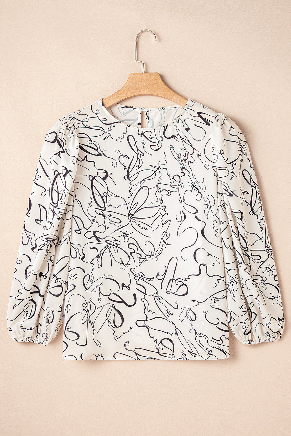 Beige Crew Neck Blouse with Abstract Print and Balloon Sleeves - ALOE WINGS STORE