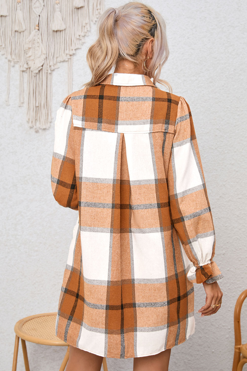 Khaki Plaid Collared Shirt Dress with Ruffled Sleeves - ALOE WINGS STORE