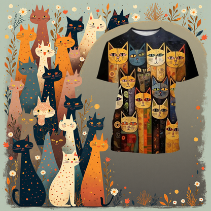 Multi-colored cat faces on a black t-shirt, surrounded by artistic floral background