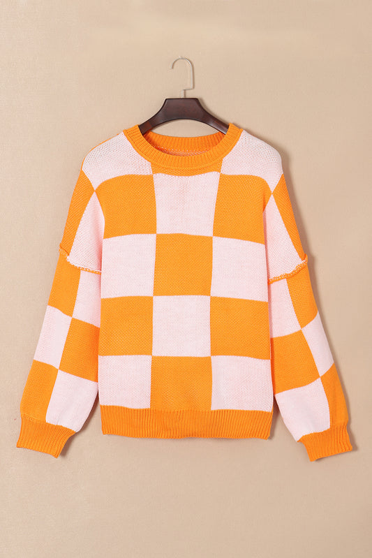 Orange Checkered Sweater with Bishop Sleeves - ALOE WINGS STORE