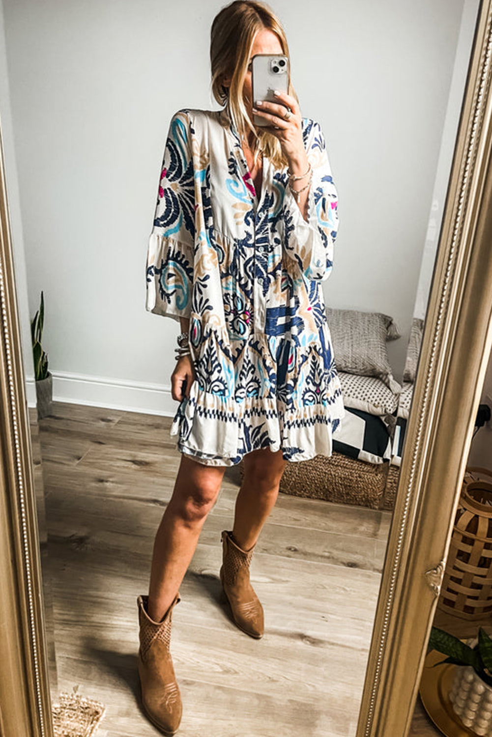 White Tribal Print Mini Dress with Buttoned Bracelet Sleeves - ALOE WINGS STORE