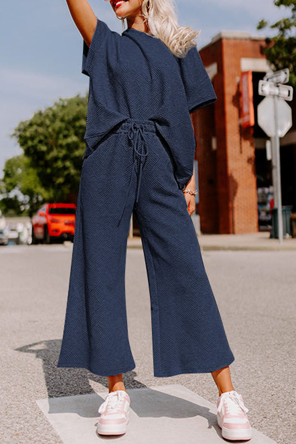 Navy Blue Textured Loose-Fit T-Shirt and Drawstring Pants Lounge Set - ALOE WINGS STORE