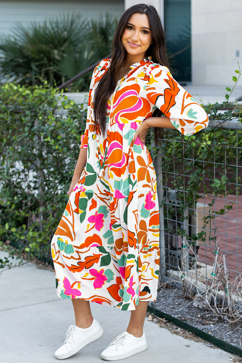 Orange Floral Split V-Neck Tiered Maxi Dress - ALOE WINGS STORE