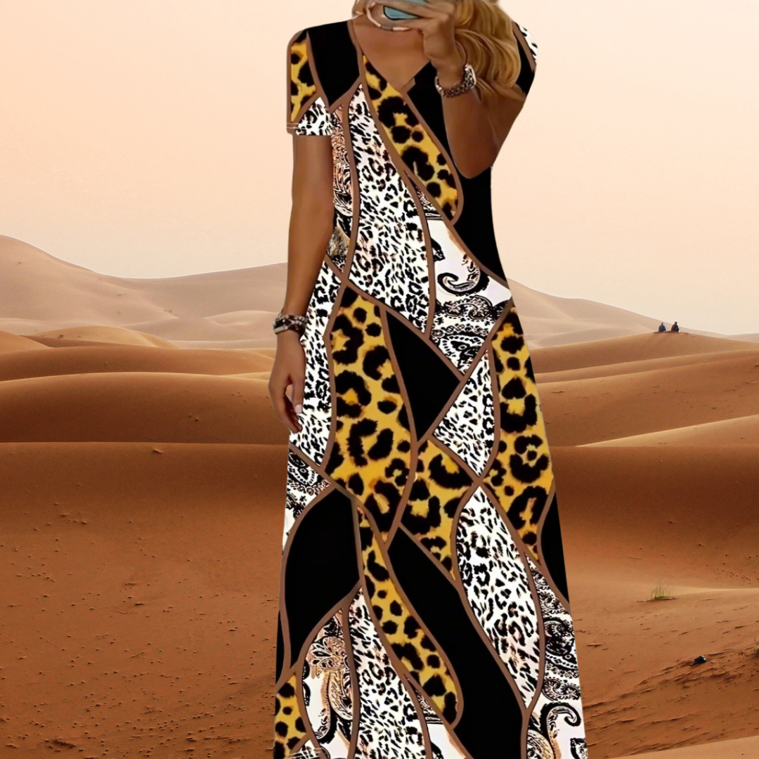 Leopard and Black Contrast Maxi Dress – Wild Patchwork V-Neck Summer Wear