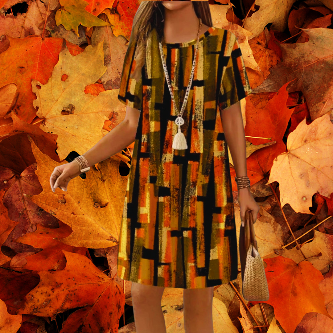 Bamboo Leaf Print Mini Dress – Short Sleeve Autumn Look
