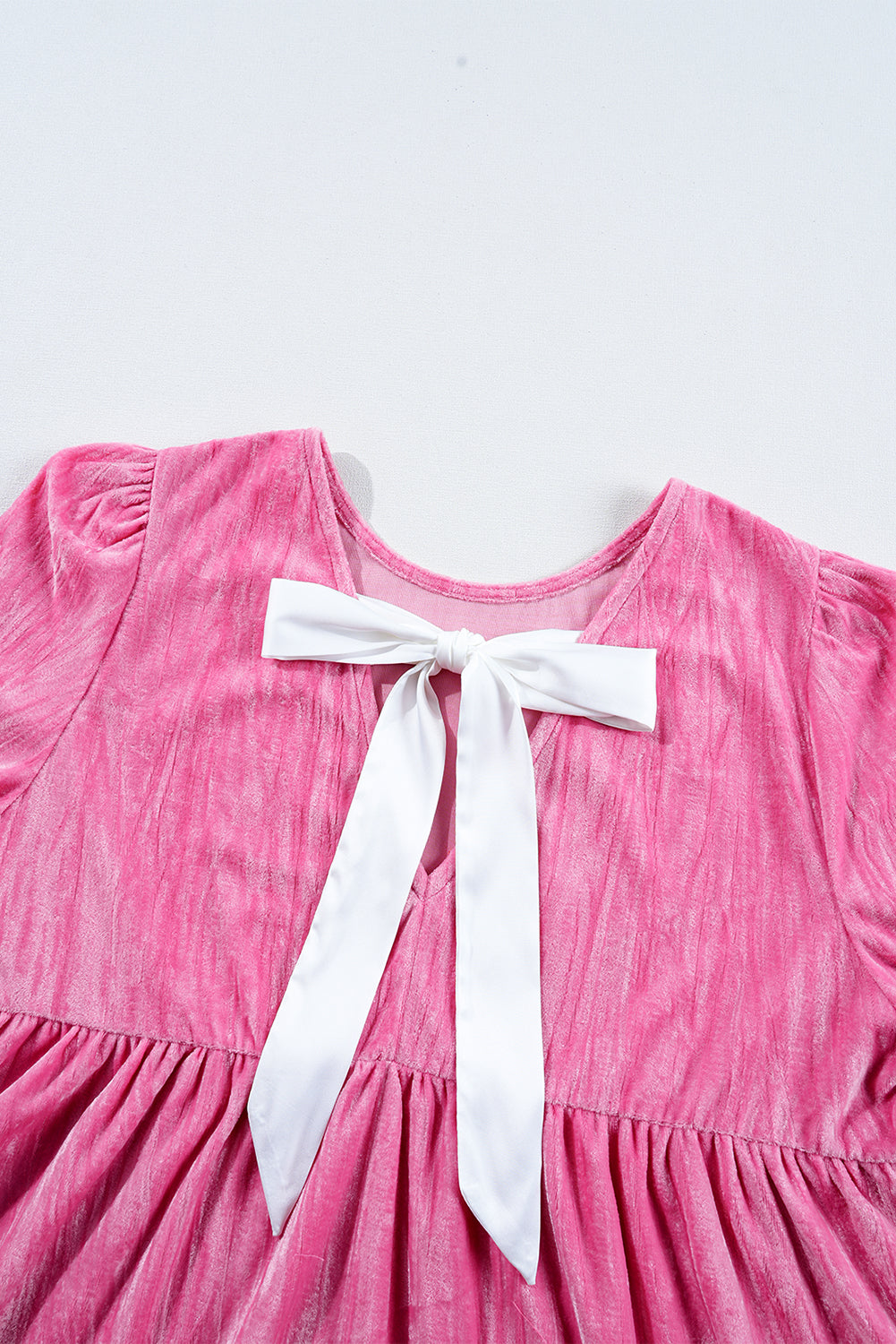 Strawberry Pink Tiered Ruffled Velvet Mini Dress with Flounce Sleeves - ALOE WINGS STORE