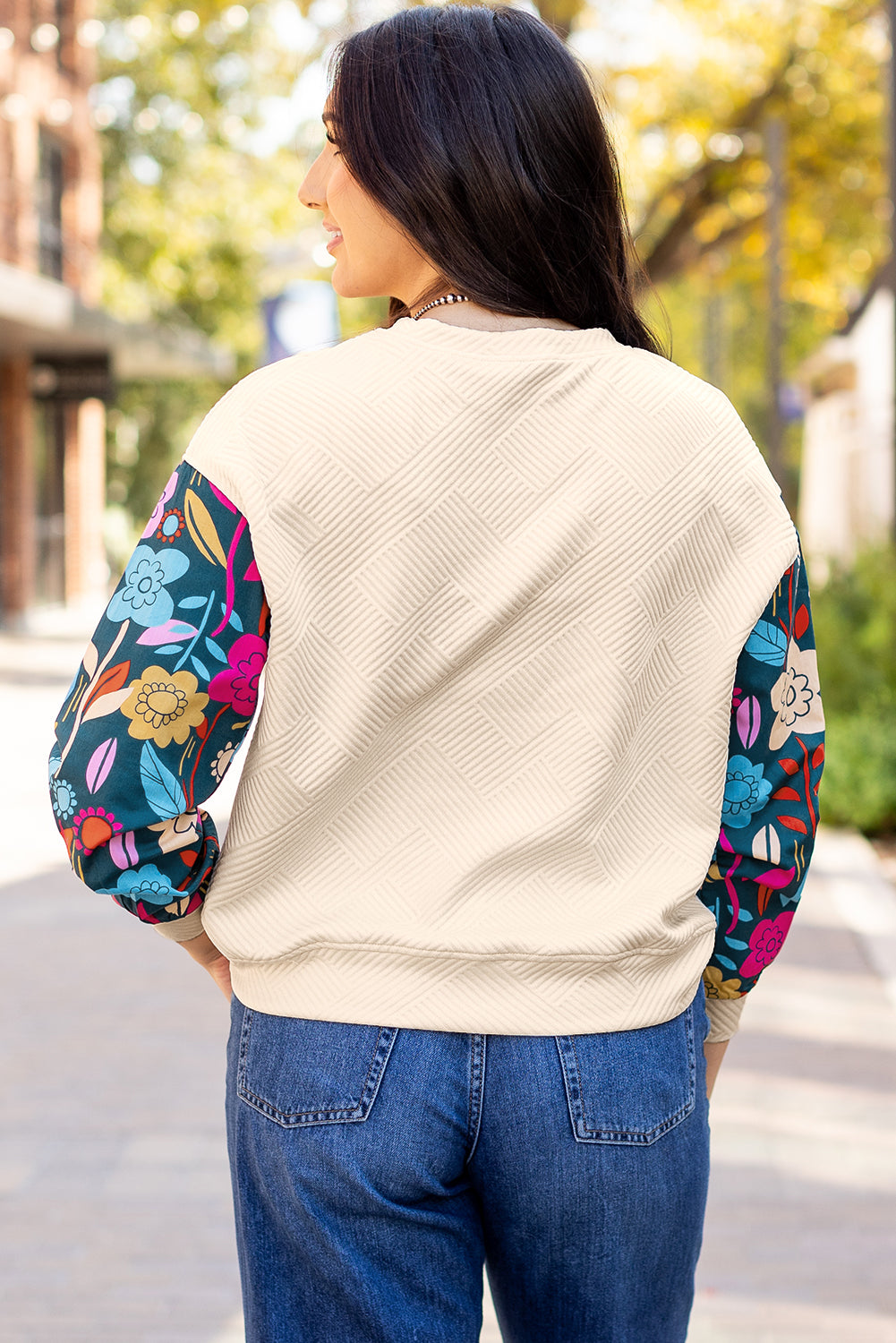 White Textured Knit Top with Contrast Floral Drop Shoulder Sleeves - ALOE WINGS STORE