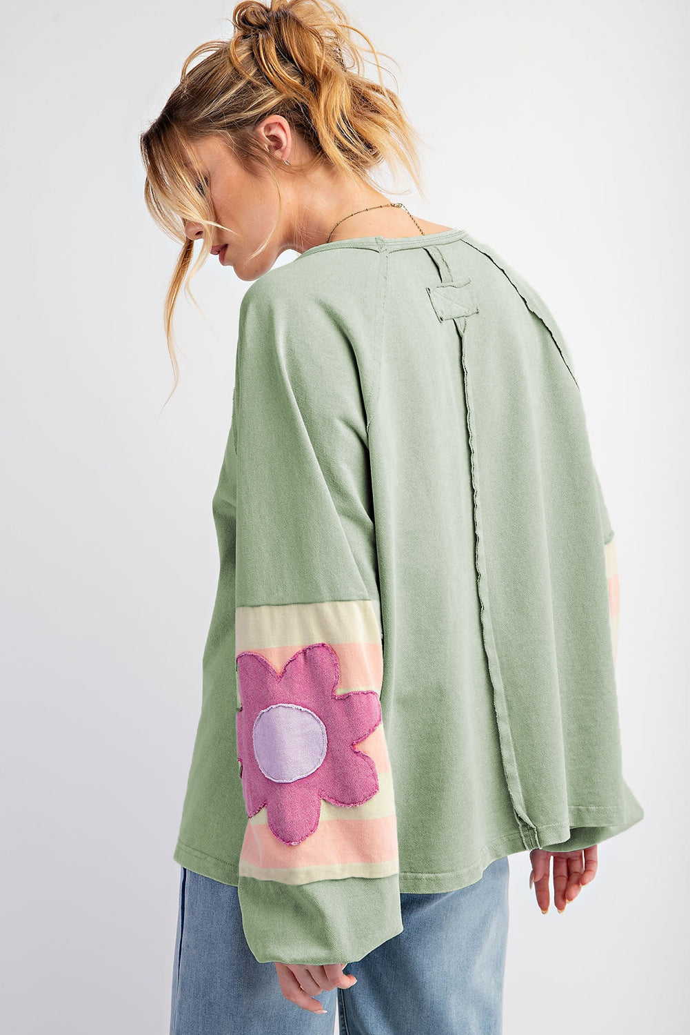 Smoke Green Floral Patchwork Raglan Sleeve Oversized Top with Exposed Seams - ALOE WINGS STORE