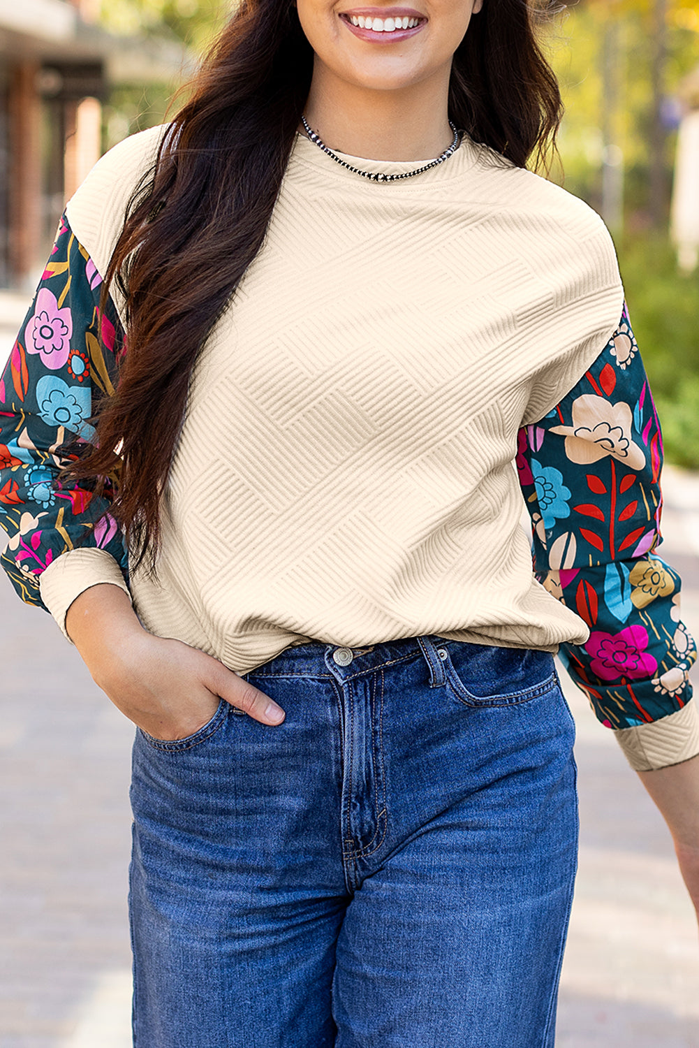 White Textured Knit Top with Contrast Floral Drop Shoulder Sleeves - ALOE WINGS STORE