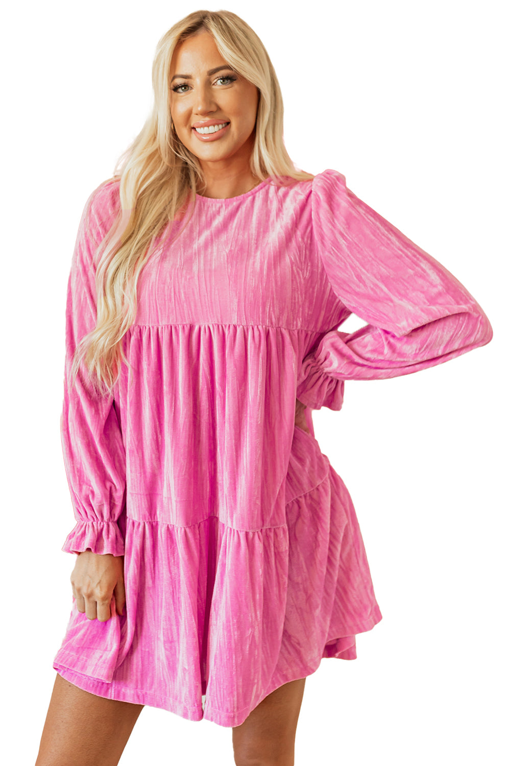 Strawberry Pink Tiered Ruffled Velvet Mini Dress with Flounce Sleeves - ALOE WINGS STORE