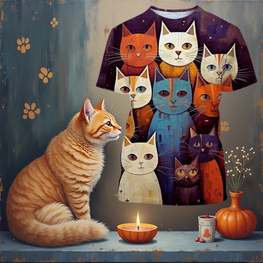 Orange tabby and white kitten beside a t-shirt with cat face 3D print design