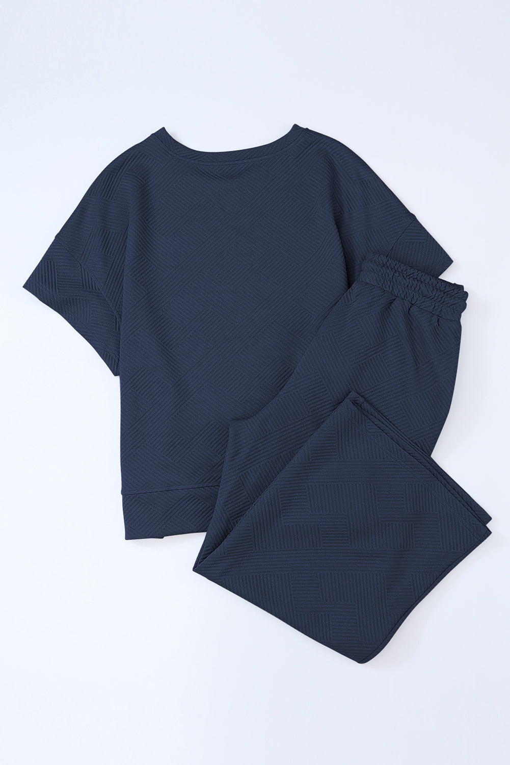 Navy Blue Textured Loose-Fit T-Shirt and Drawstring Pants Lounge Set - ALOE WINGS STORE