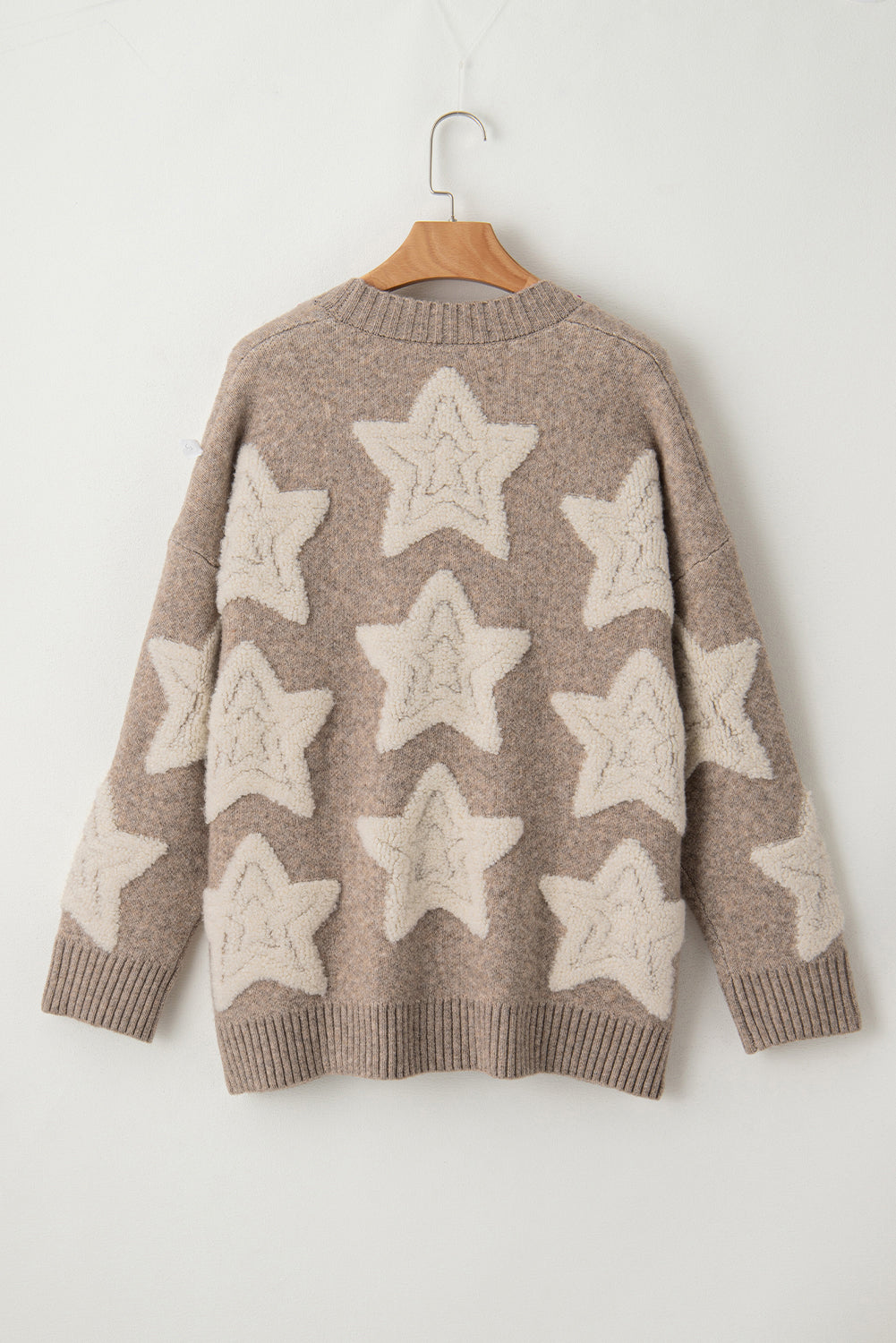 Khaki Sherpa Textured Cardigan with Star Pattern and Pockets - ALOE WINGS STORE