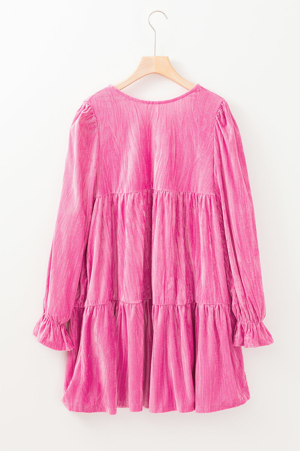 Strawberry Pink Tiered Ruffled Velvet Mini Dress with Flounce Sleeves - ALOE WINGS STORE