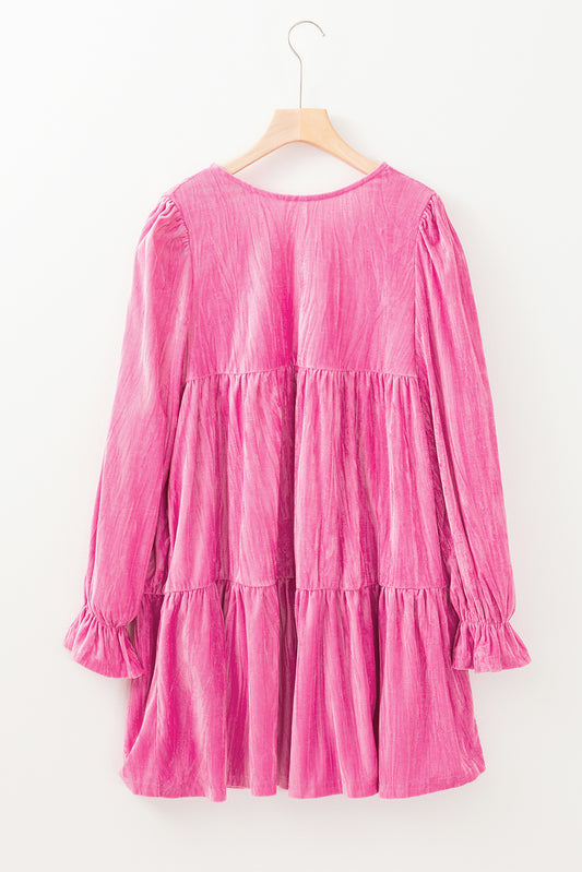 Strawberry Pink Tiered Ruffled Velvet Mini Dress with Flounce Sleeves - ALOE WINGS STORE