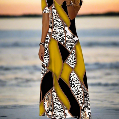 V-Neck Maxi Dress for Women – Stylish Patchwork & Leopard Print Summer Selection