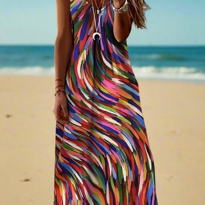 Women's Bohemian Marble Print Maxi Dresses – Sleeveless Loose A-Line Beach Resort Dresses