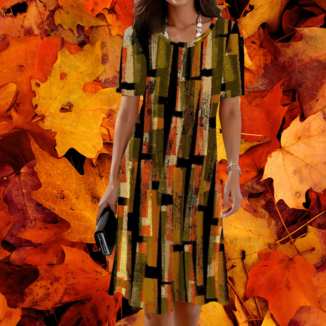Autumn Leaf Print Mini Dress – Loose Fit Fall Fashion