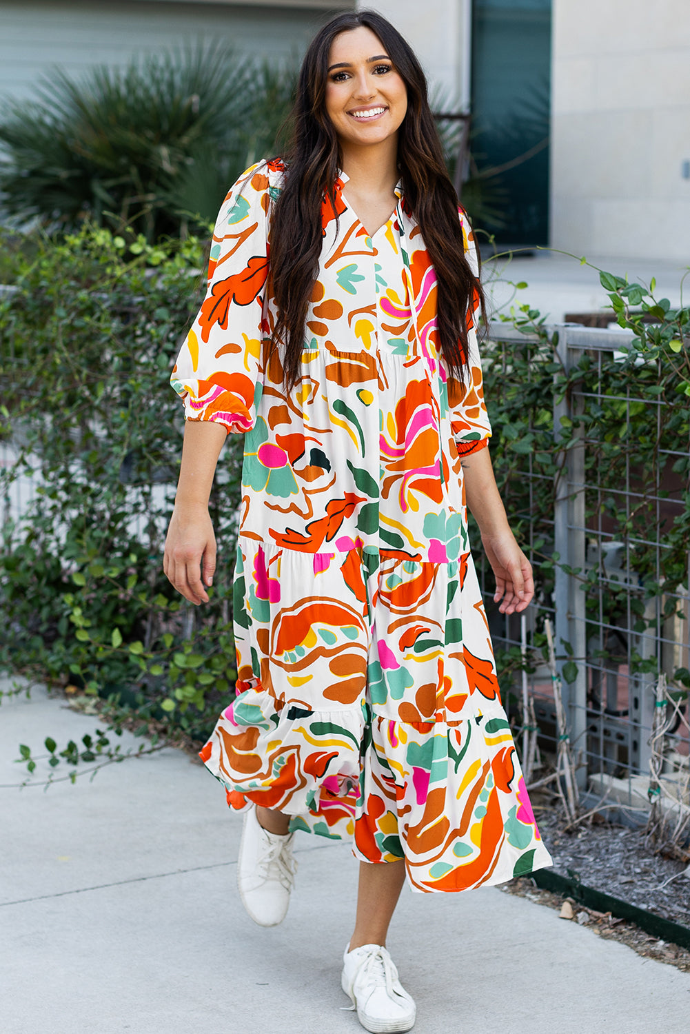 Orange Floral Split V-Neck Tiered Maxi Dress - ALOE WINGS STORE