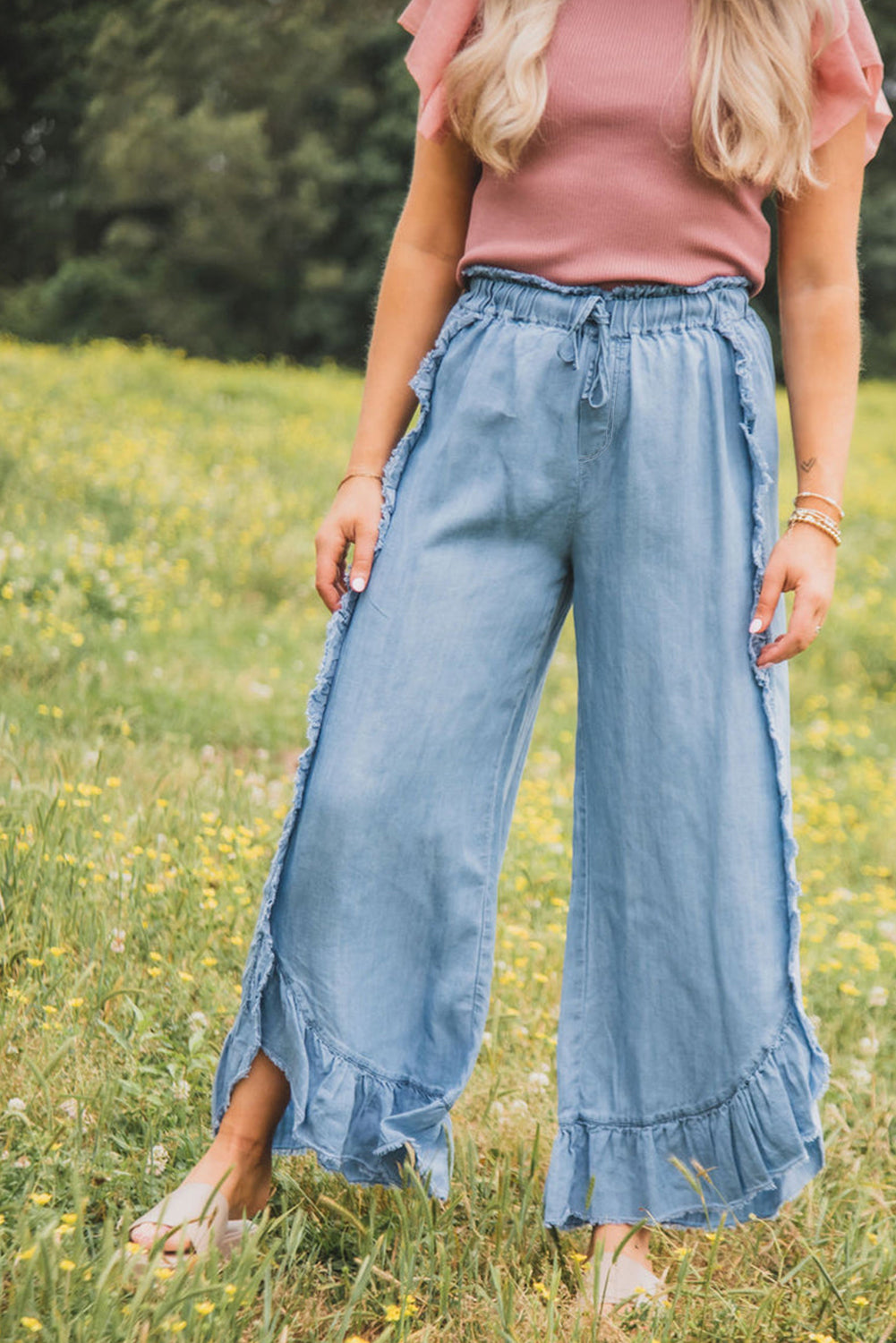 Ruffled Raw Hem Wide Leg Jeans in Myosotis Light Wash - ALOE WINGS STORE