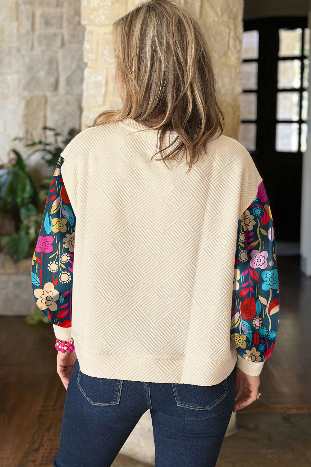 White Textured Knit Top with Contrast Floral Drop Shoulder Sleeves - ALOE WINGS STORE