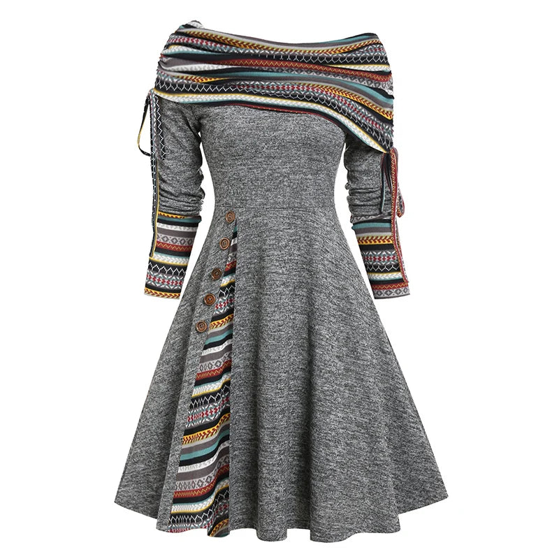 Women's Fall Winter Off-Shoulder A-Line Dress – Convertible Neck, Long Sleeve, Colour block Midi with Button Detail