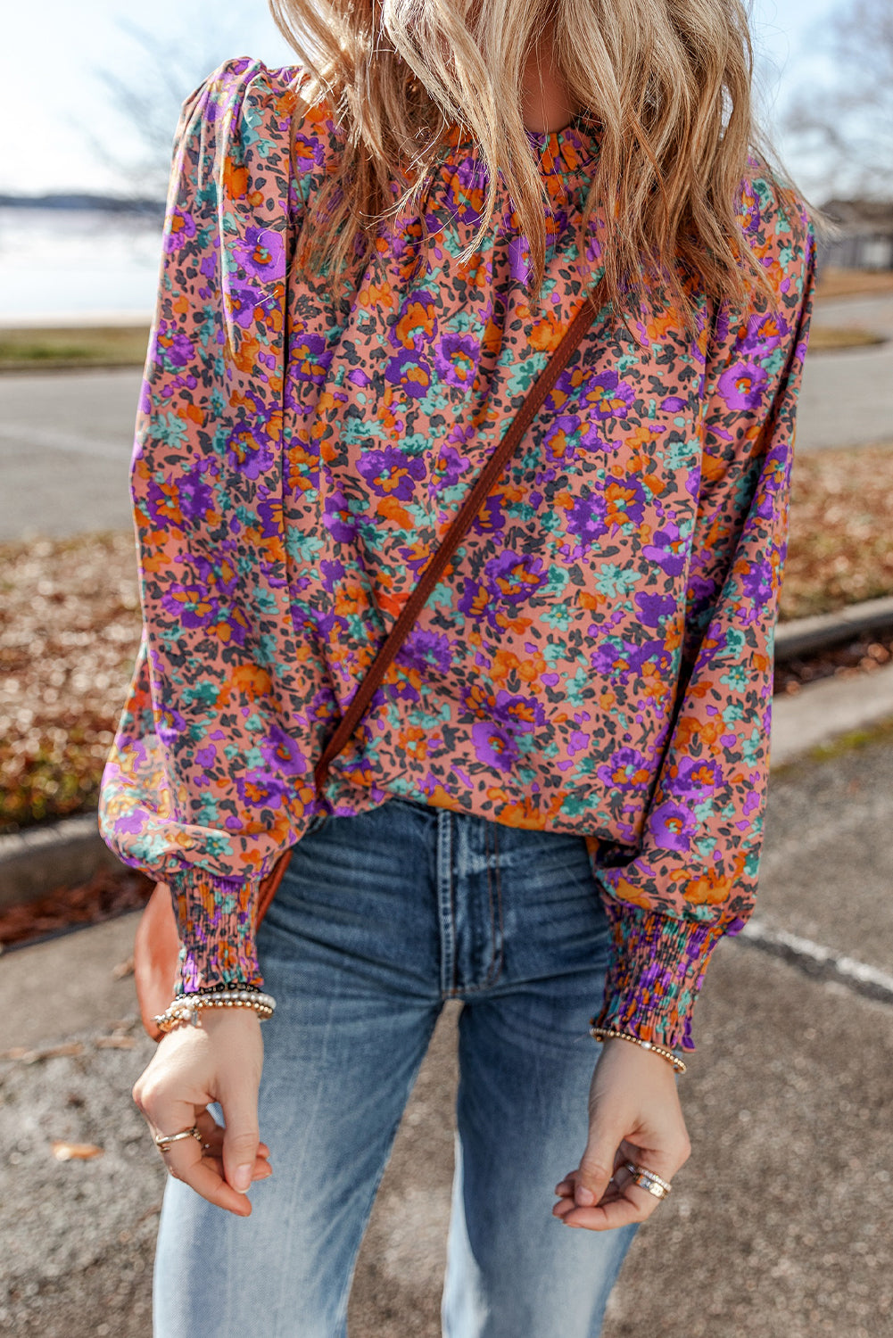 Purple Floral Print Frilled O-Neck Blouse with Shirred Cuffs - ALOE WINGS STORE