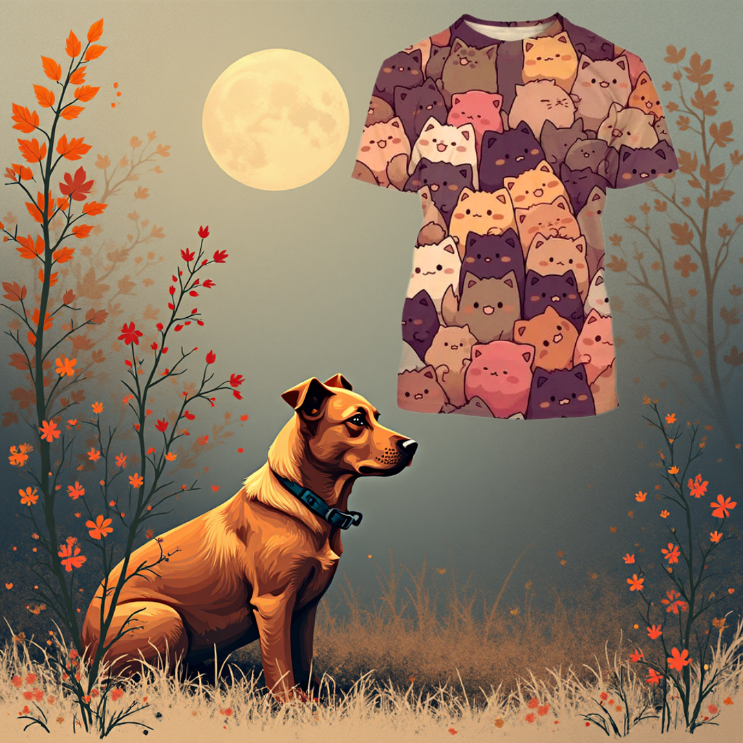 Brown dog under moonlight next to a t-shirt with autumn-themed cat face print