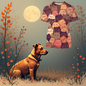 Brown dog under moonlight next to a t-shirt with autumn-themed cat face print