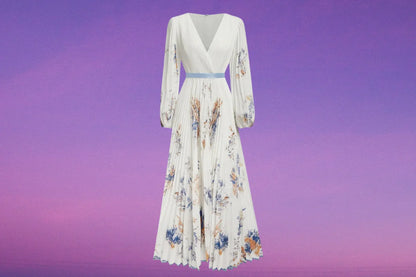 Spring Summer Boho Maxi Dress for Women – V-Neck Floral Print, Long Sleeve A-Line Swing Dress with Belt | Perfect for Beach, Wedding Guest & Vacation