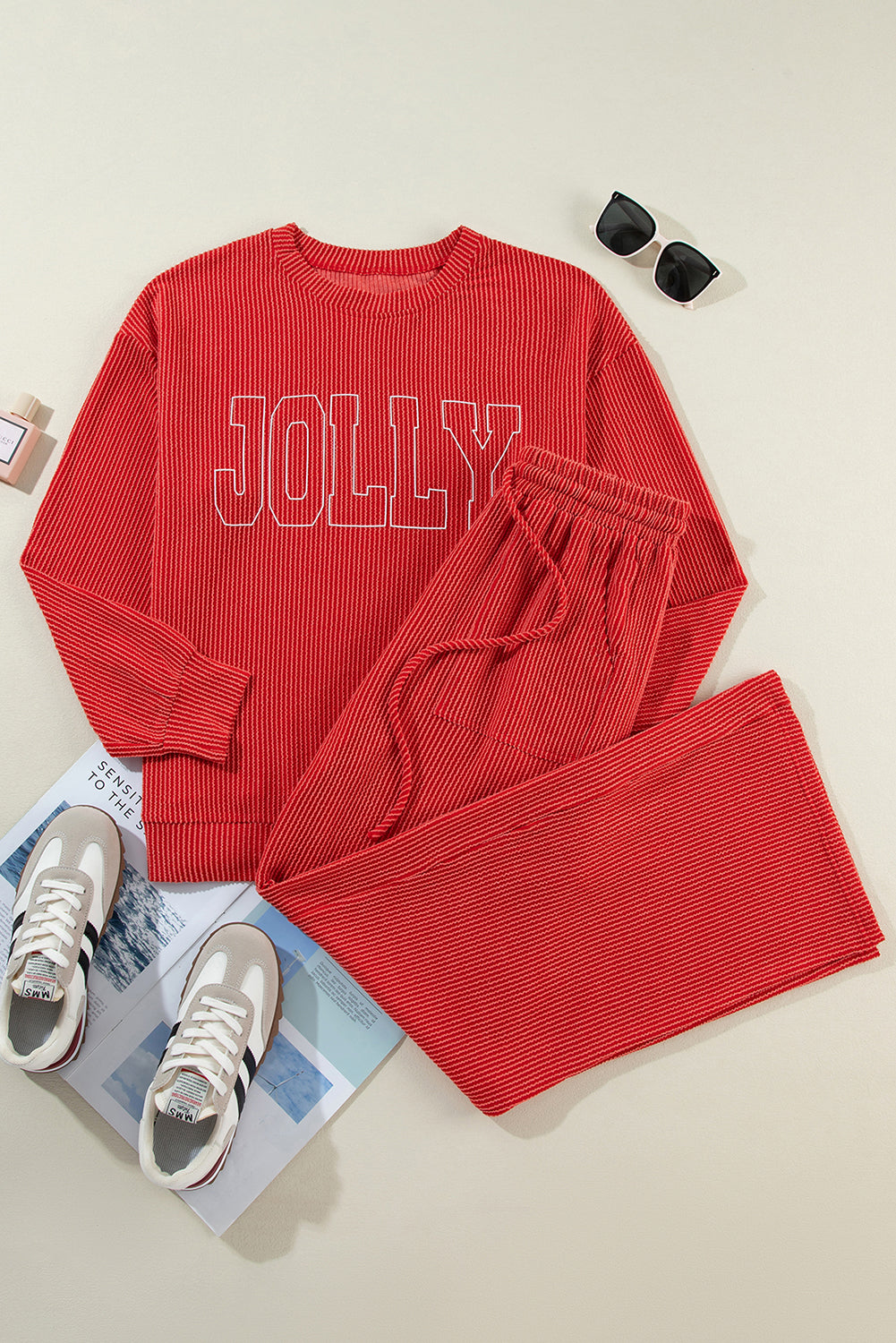 Fiery Red JOLLY Corded Long Sleeve Top and Pockets Pants Set - ALOE WINGS STORE