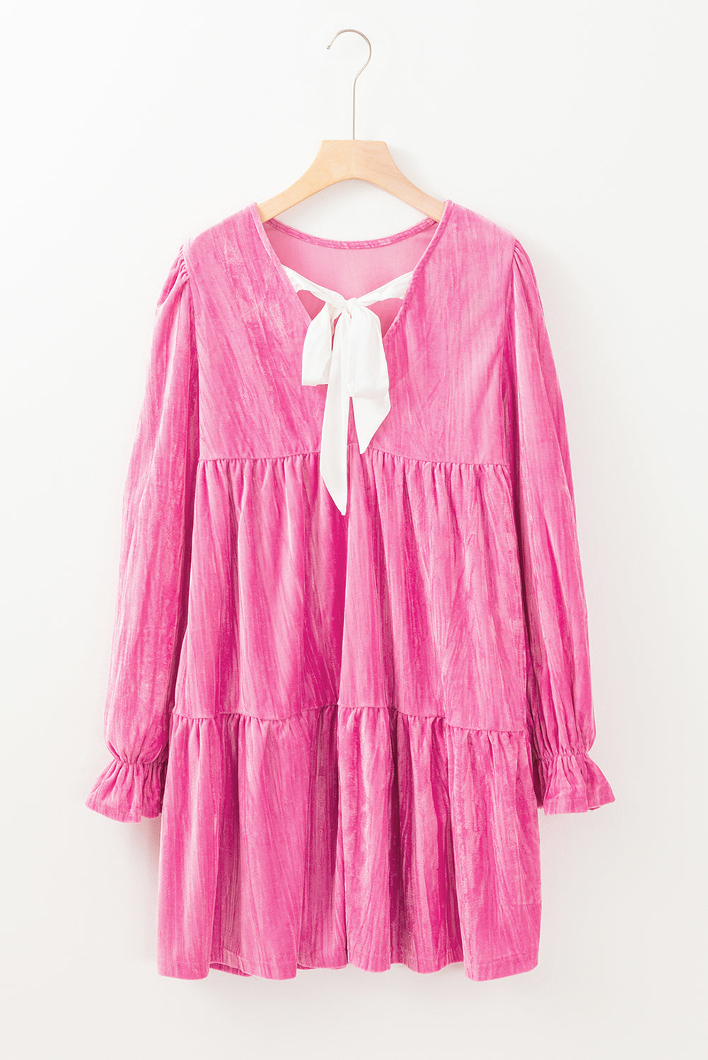 Strawberry Pink Tiered Ruffled Velvet Mini Dress with Flounce Sleeves - ALOE WINGS STORE