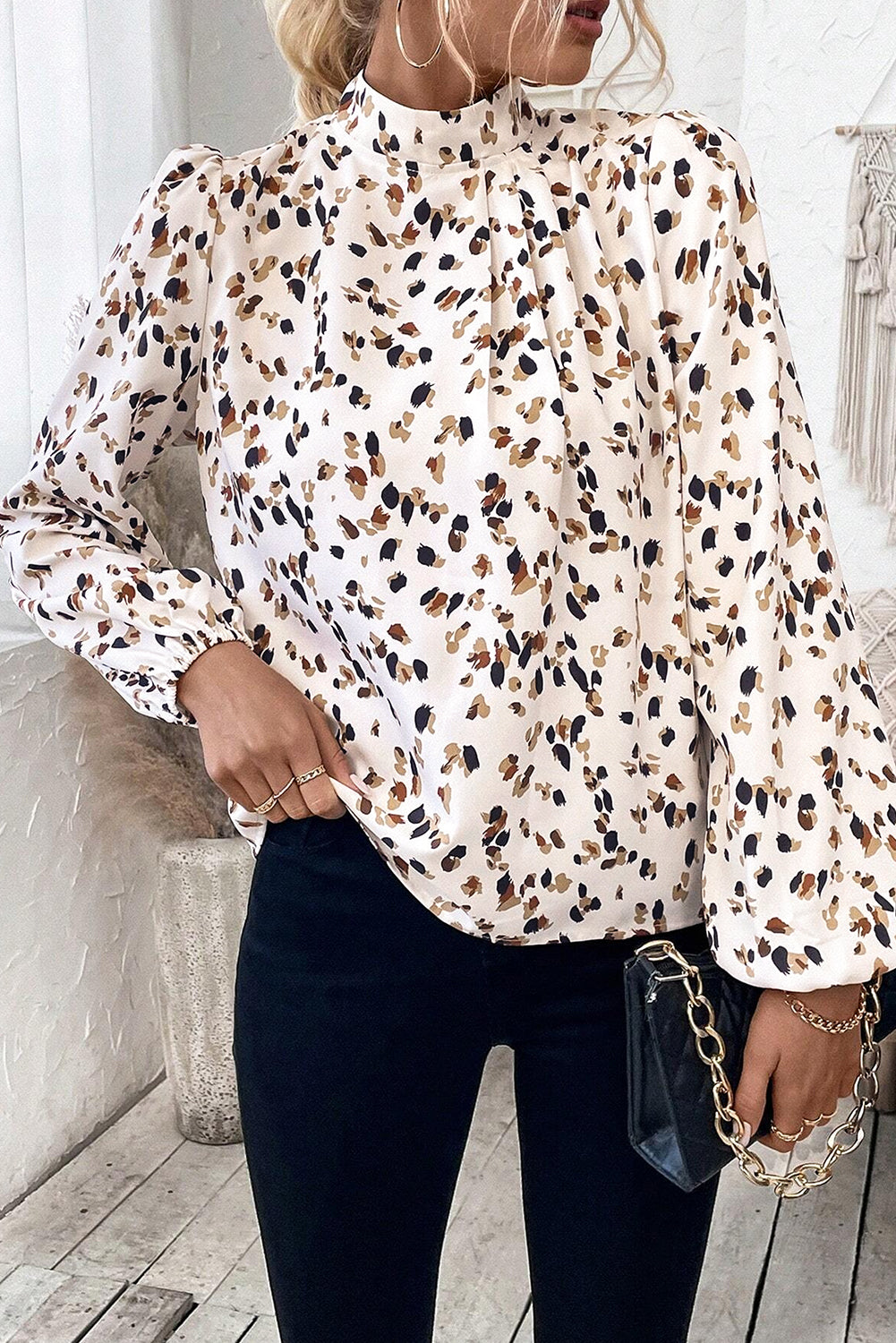 White Leopard Print Pleated Blouse with Lantern Sleeves and Mock Neck - ALOE WINGS STORE