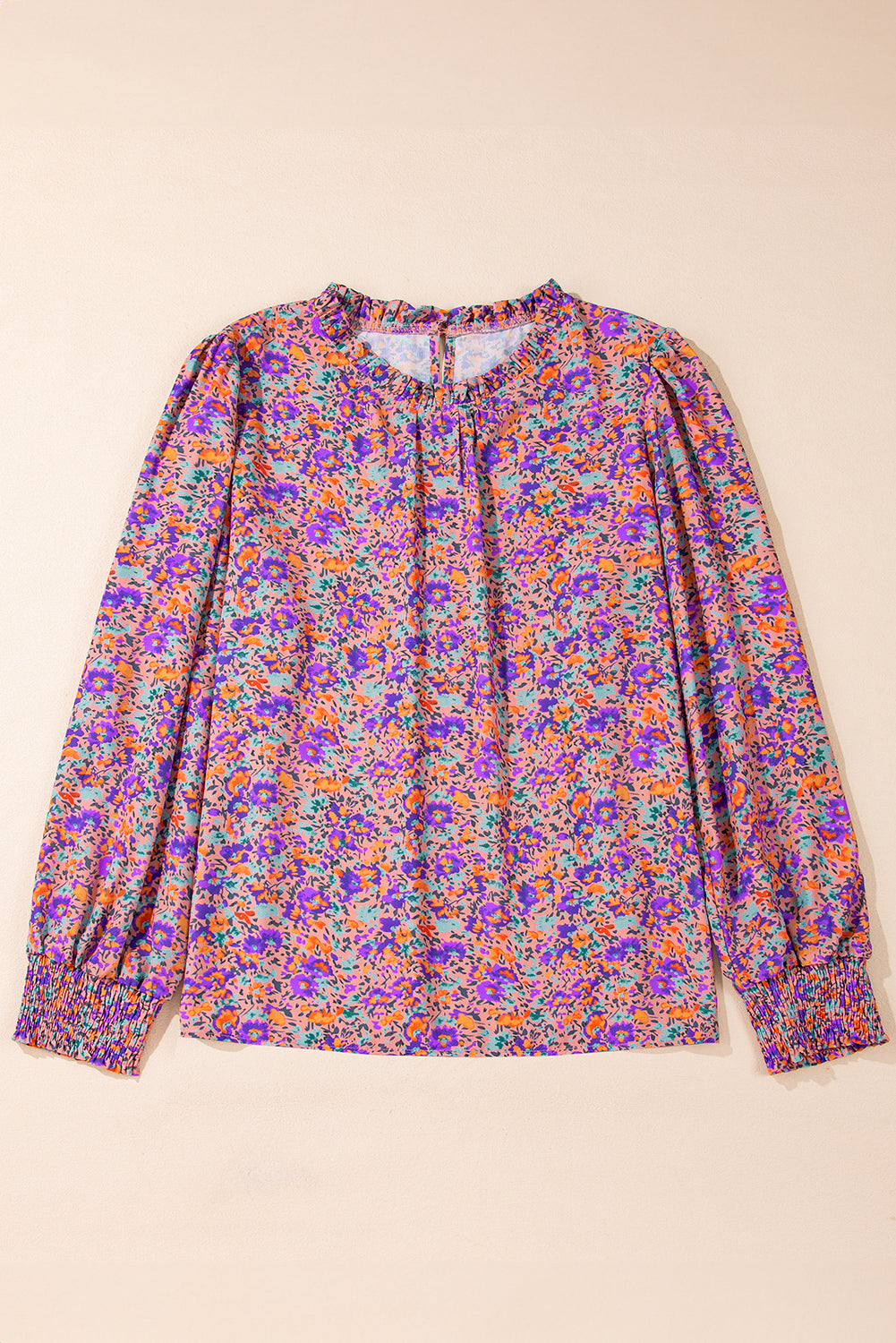 Purple Floral Print Frilled O-Neck Blouse with Shirred Cuffs - ALOE WINGS STORE