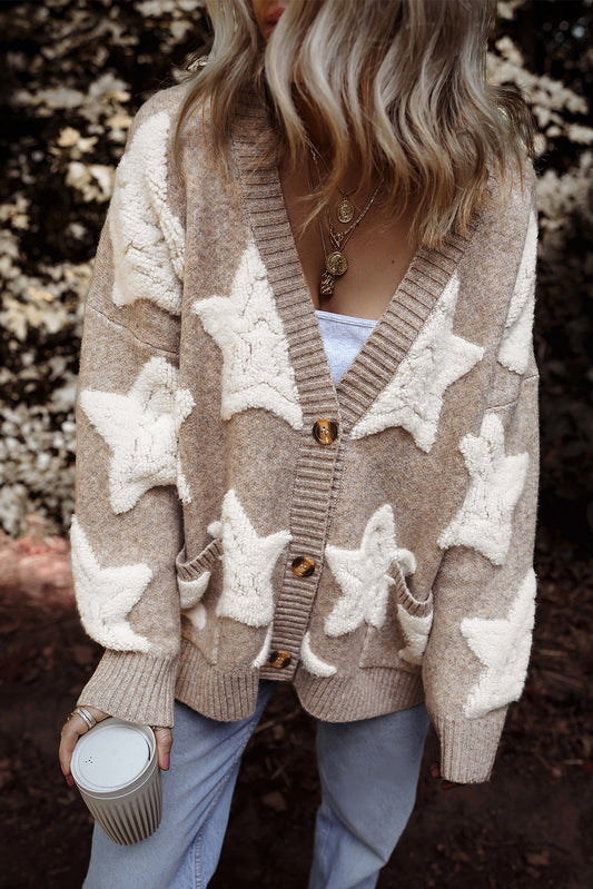 Khaki Sherpa Textured Cardigan with Star Pattern and Pockets - ALOE WINGS STORE