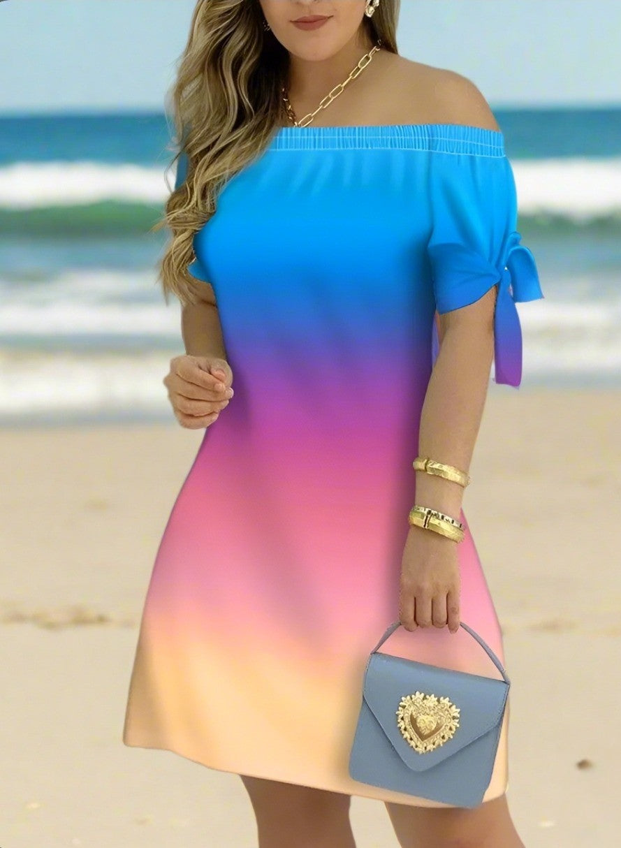 Women's Off-Shoulder Mini Dress – Casual Summer Short Sleeve Dress with Bow Detail | Elegant Relaxed Fit Party Outfit (Sizes up to 3XL)